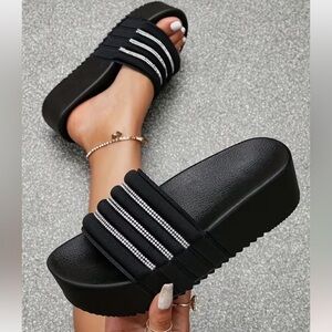 Women's Black Platform Slide Sandals with Rhinestone Straps